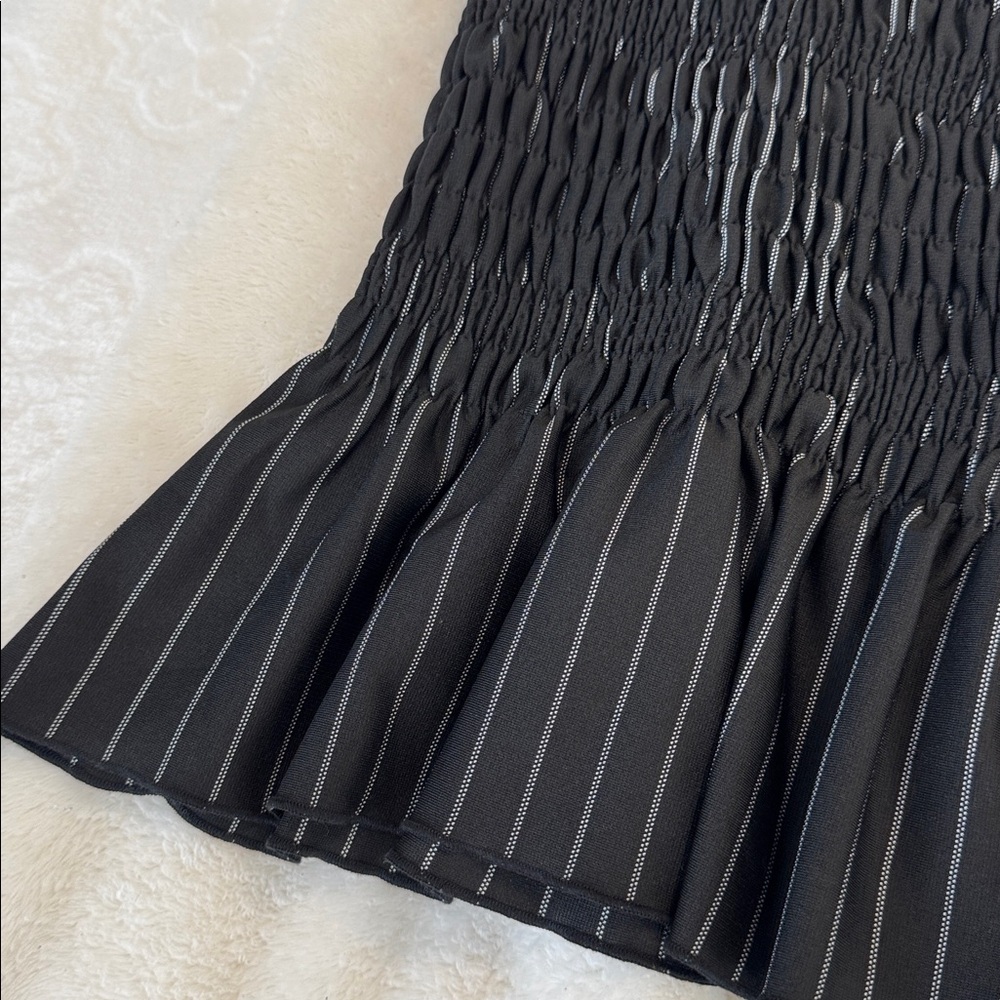 Alpha & Omega Smocked Peplum Square Neck Tank Top Blouse Black & White Stripes - Picture 3 of 5